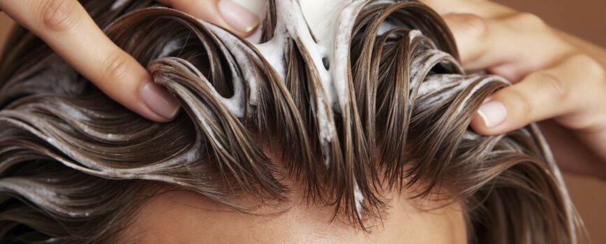 Mujer aplicando champú a su cabello
