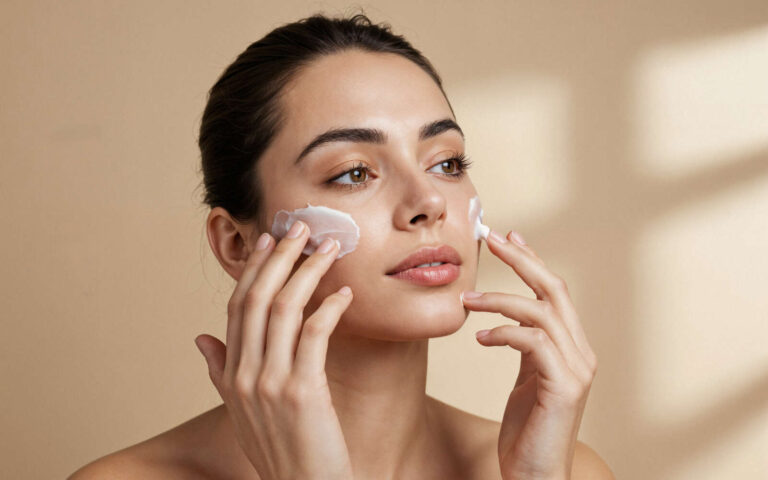 Mujer que aplica la crema en la cara