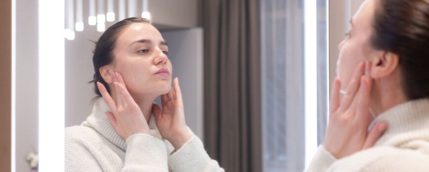 Mujer hermosa joven con un suéter en un salón de belleza se mira en el espejo, se toca la cara, piensa en los próximos procedimientos, se considera a sí misma