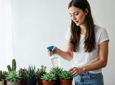 Woman watering her succulents